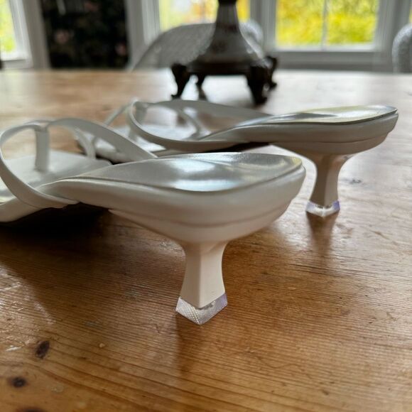 White Faux Leather Scrappy Square Toe Kitten Heel Slides - Picture 6 of 9